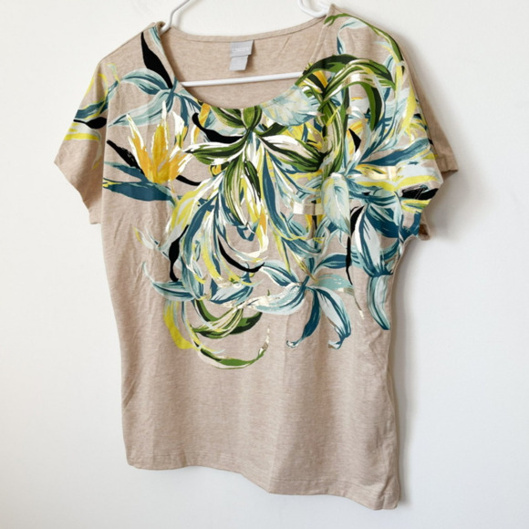 Chico's Tan Tropical Floral Metallic Short Sleeve Tee Top Womens Small - Picture 3 of 9